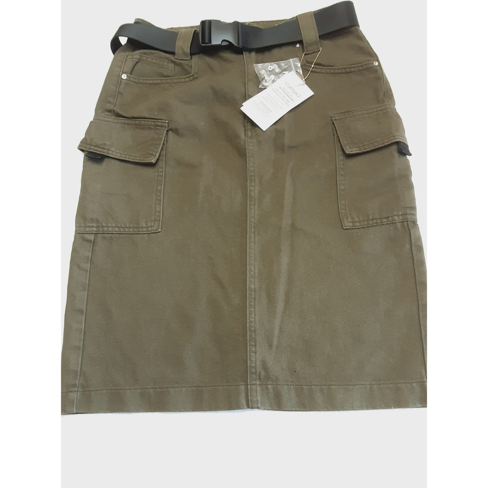 TWENTY FOUR SEVEN Denim Skirt Size Small 26 Side Pockets Olive Green Black Belt